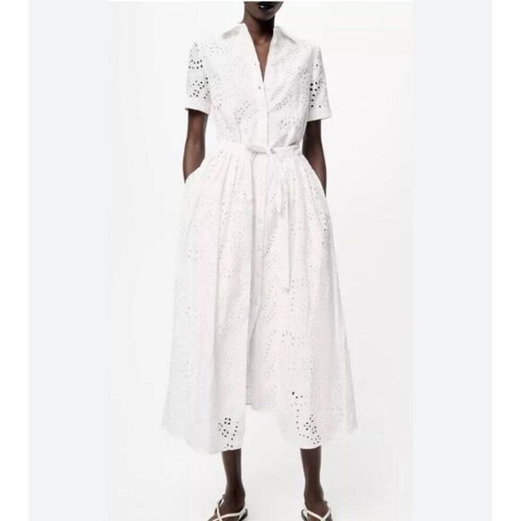 Zara Womens Midi Shirt Dress XXL 2XL White Eyelet Belted Short Sleeve NWOT - Picture 1 of 8